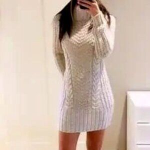 New FOREVER 21 Chunky Cable Knit Cowl Neck Tunic Sweater Dress Soft Grey L